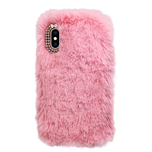 LCHDA Conejo Piel Felpa Funda para iPhone 7, Conejito Peludo Mullido Teléfono Funda para Niñas Linda Invierno ESlentar Suave TPU Atrás Funda con Lujoso Diamantes Bowknot para iPhone 8-Rosa