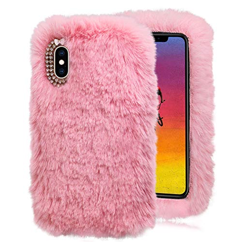 LCHDA Conejo Piel Felpa Funda para iPhone 7, Conejito Peludo Mullido Teléfono Funda para Niñas Linda Invierno ESlentar Suave TPU Atrás Funda con Lujoso Diamantes Bowknot para iPhone 8-Rosa