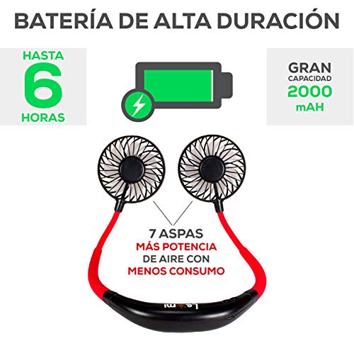 Le-mi Mini Ventilador de Cuello USB Recargable Potente portátil LED Colgante Manos Libres pequeño con batería de 2000 mAh (Negro/Rojo)