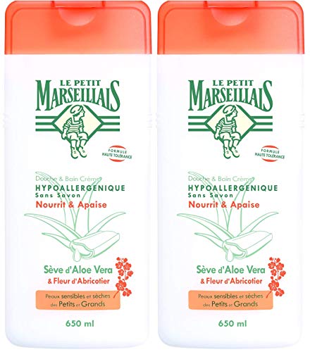 Le Petit Marseillais Gel de ducha y baño hipoalergénico de Savia de Aloe y flor de albaricoquero de 650 ml, juego de 2 unidades