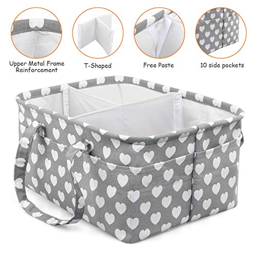 LEADSTAR Bebé Organizador de Pañales,Cesta de Almacenamiento de Pañales con Compartimentos Extraíbles,Cesto de Pañales Portátil para Recién Nacido Coche Viaje,Regalo de Registro de Bebé (Gris Heart)