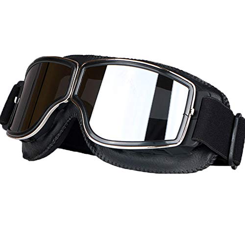 LEAGUE&CO Gafas de Moto Retro Vintage Gafas de Protección Gafas Piloto Gafas de Aviador, Gafas para Casco Harley Davidson Dyna Touring Trike Motocross Marco Negro, Lente Plata