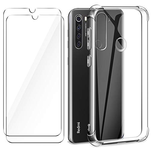 Leathlux Funda Xiaomi Redmi Note 8T + 2 Pack Cristal Templado Protector de Pantalla Xiaomi Redmi Note 8T, Ultra Fina Silicona Transparente TPU Carcasa Anti-Choque Anti-arañazos Cover Redmi Note 8T