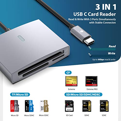 Lector de tarjetas SD / CF para USB C, Stouchi UHS-II SD4.0 / CF / Adaptador de lector de tarjetas Micro SD 3 en 1 OTG SD 4.0 Lector de tarjetas hasta 312 MB/s para 2018 MacBook Air/New iPad Pro,y más