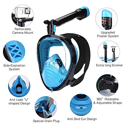 LEMEGO Máscara de Buceo Adulto Mascara Snorkel 180° Panorámica con Snorkel Giratorio 360 ° Anti-Niebla y Anti-Fugas Easybreath Completa Máscara Apoyo Camara Deportiva (S/M)