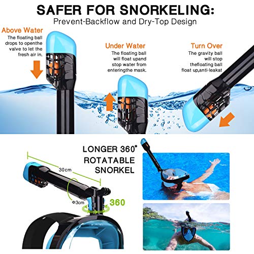 LEMEGO Máscara de Buceo Adulto Mascara Snorkel 180° Panorámica con Snorkel Giratorio 360 ° Anti-Niebla y Anti-Fugas Easybreath Completa Máscara Apoyo Camara Deportiva (S/M)