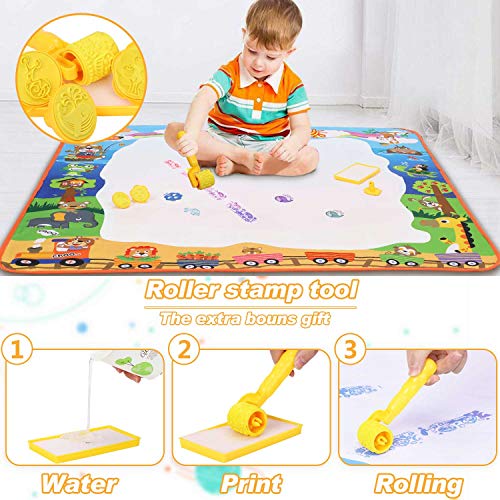 lenbest 100 x100CM Agua Dibujo Pintura, Alfombra de Agua Doodle, 8 Plantilla de EVA, 5 Herramienta de Sello de Rodillo Especial, 3 Diferente Dolígrafos para Niño, 1 Libro de Pintura al Agua