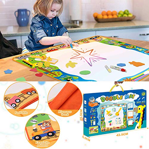 lenbest 100 x100CM Agua Dibujo Pintura, Alfombra de Agua Doodle, 8 Plantilla de EVA, 5 Herramienta de Sello de Rodillo Especial, 3 Diferente Dolígrafos para Niño, 1 Libro de Pintura al Agua