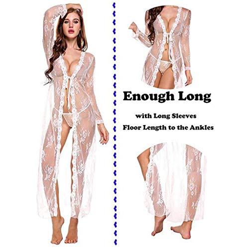 Lenceria para Mujeres 2019 Nuevo SHOBDW Pareos Casual Color Sólido Cover Up Transparentes Sexy Pijamas Encaje Vestido Largo Cardigans Mujer Kimono(Blanco,XXL)