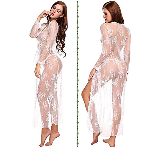 Lenceria para Mujeres 2019 Nuevo SHOBDW Pareos Casual Color Sólido Cover Up Transparentes Sexy Pijamas Encaje Vestido Largo Cardigans Mujer Kimono(Blanco,XXL)
