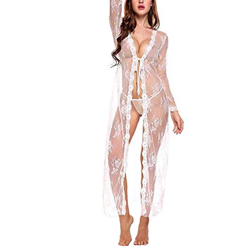 Lenceria para Mujeres 2019 Nuevo SHOBDW Pareos Casual Color Sólido Cover Up Transparentes Sexy Pijamas Encaje Vestido Largo Cardigans Mujer Kimono(Blanco,XXL)
