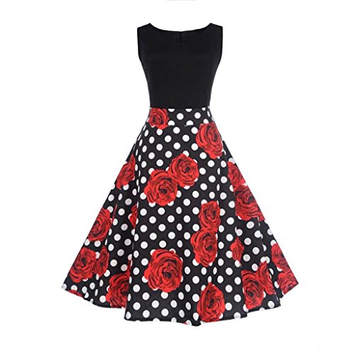 Lenfesh Mujer Vintage Retro Vestido A-Line Años 50 Impresión Floral Sin Mangas Vestidos de Fiesta Rockabilly Dress (M, Negro #1)