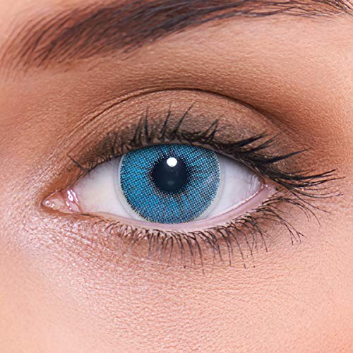Lentes de contacto azules naturales 'Natural Sapphire' de alta cobertura + contenedor de LENZOTICA I 1 par (2 piezas) I DIA 14.00 I sin aumento I 0,00 dioptrías