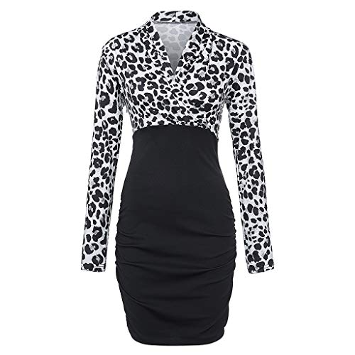 Leopardo Impresión Bodycon Vestido de Trabajo Moda Mujer Cruzar Cuello en V Manga Larga Casual Falda