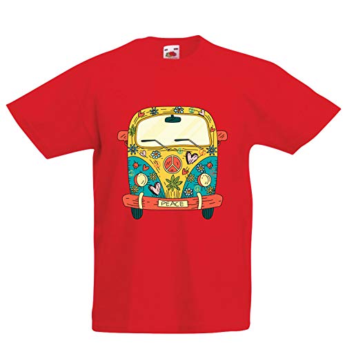 lepni.me Camiseta para Niño/Niña Años 60 70 Hippie Van, Flores, Amor, símbolo de Paz Libertad (12-13 Years Rojo Multicolor)