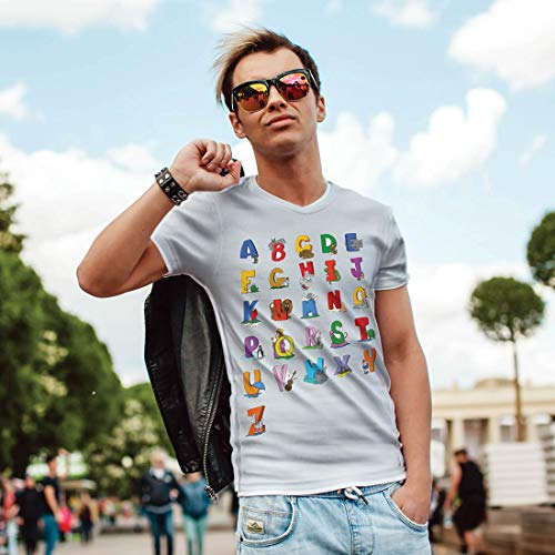 lepni.me Camisetas Hombre Alfabeto Inglés, Diseño de Canciones ABC, Aprendizaje de Letras, Regreso a la Escuela o Regalos de Graduación (Medium Brezo Azul Multicolor)
