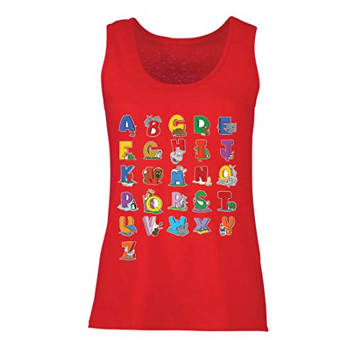 lepni.me Camisetas sin Mangas para Mujer Alfabeto Inglés, Diseño de Canciones ABC, Aprendizaje de Letras, Regreso a la Escuela o Regalos de Graduación (X-Large Rojo Multicolor)