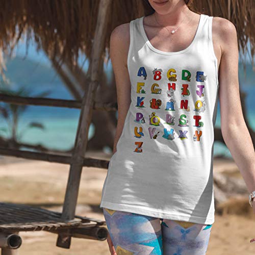 lepni.me Camisetas sin Mangas para Mujer Alfabeto Inglés, Diseño de Canciones ABC, Aprendizaje de Letras, Regreso a la Escuela o Regalos de Graduación (X-Large Rojo Multicolor)