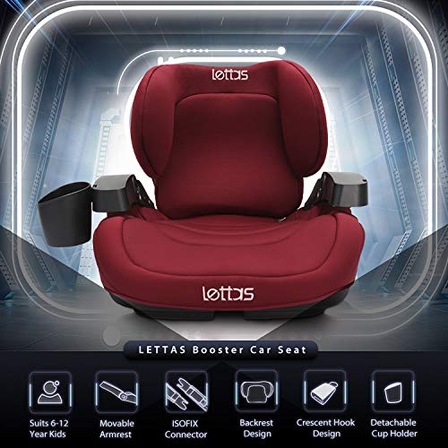 LETTAS Silla de Coche Grupo 3(6-12 anni/22-36kg) Almohadas Lumbares Asiento infantil elevador, ISOFIX ECE R44/04 (Vino-2)