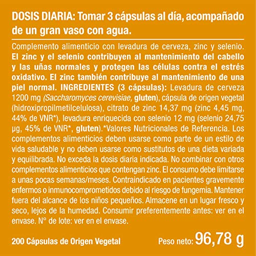 Levadura de Cerveza 400mg Complemento con Zinc y Selenio, 200 Comprimidos para el Cuidado de Piel, Cabello y Uñas, Suministro 2 Meses