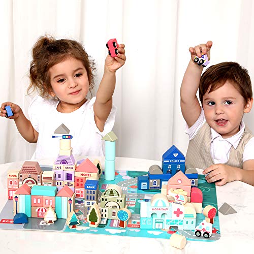 Lewo 115 Piezas de Bloques de Construcción con Mapa de la Ciudad Juegos de Construcción de Madera Ciudad Bloques de Apilamiento Juguetes Educativos de Preescolar para 3 4 5 6 Años Niños Niñas
