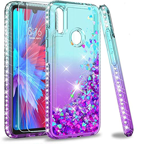 LeYi Funda Xiaomi Redmi Note 7/7 Pro Silicona Purpurina Carcasa con [2-Unidades Cristal Vidrio Templado], Transparente Cristal Bumper Gel TPU Fundas Case Cover para Movil Redmi Note 7 Verde/Morado