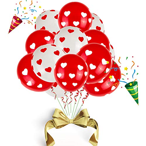 Lezed Globos del Corazón del Amor Blanco Rojo Globos de Latex con Corazón Impreso Globos de Corazón Rojo sobre Blanco para Fiesta de Cumpleaños Fiesta de Boda Decoración 100 Piezas