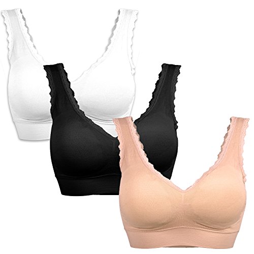 Libella Sujetador Deportivo sin Costuras de 3 Piezas Sujetador de Yoga con Almohadillas Removibles para Mujeres Ultra-Lift de Komfort- BH Negro Beige Blanco 3747 L/XL