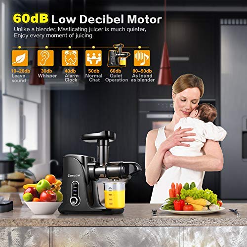 Licuadora prensada en frío, AMZCHEF licuadora de frutas y verduras, Extractor de zumos con 2 velocidades, panel de pantalla LED, 2 botellas de agua(500ML), cepillo fácil de limpiar (negro)