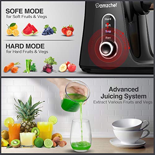 Licuadora prensada en frío, AMZCHEF licuadora de frutas y verduras, Extractor de zumos con 2 velocidades, panel de pantalla LED, 2 botellas de agua(500ML), cepillo fácil de limpiar (negro)