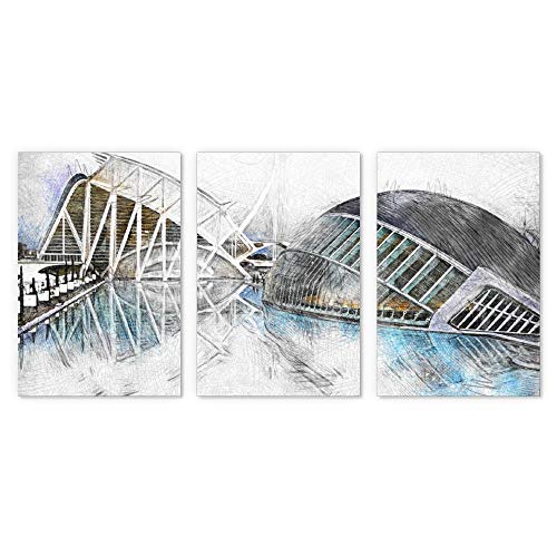 Lienzo de Arquitectura Cheyana Valencia City Science con 3 paneles, cuadros decorativos para el hogar, enmarcados y listos para colgar, Arquitectura Ciudad Valencia, 16"x24"(40x60cm)