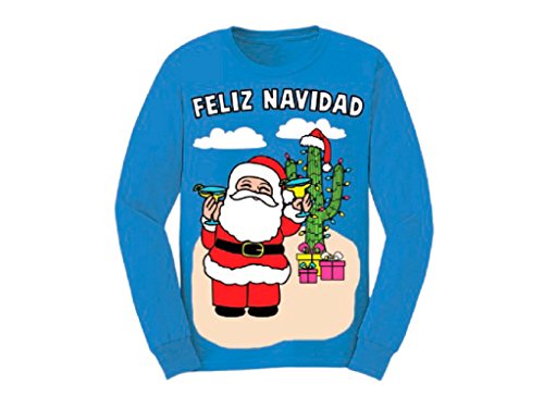 Life Clothing Co. Feliz Navidad Santa Fiesta luz Azul Forro Polar Ugly Christmas Sweater Sudadera