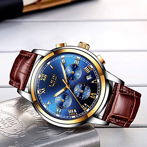 LIGE Reloj Hombre Cronógrafo Impermeable Cuarzo analógico Cuero Acero Inoxidable Clásico Negro Deportivo Calendario Reloj