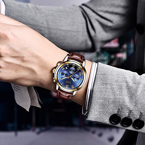 LIGE Reloj Hombre Cronógrafo Impermeable Cuarzo analógico Cuero Acero Inoxidable Clásico Negro Deportivo Calendario Reloj