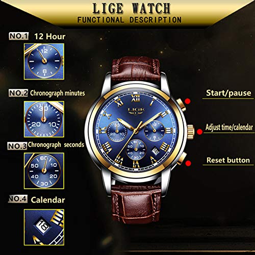 LIGE Reloj Hombre Cronógrafo Impermeable Cuarzo analógico Cuero Acero Inoxidable Clásico Negro Deportivo Calendario Reloj