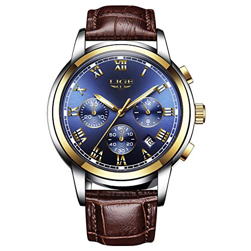 LIGE Reloj Hombre Cronógrafo Impermeable Cuarzo analógico Cuero Acero Inoxidable Clásico Negro Deportivo Calendario Reloj