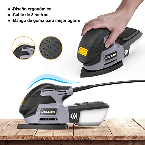 Lijadora Eléctrica 220W - JELLAS Máquina Lijadora Compacta para Madera, 13,000 RPM con Recolección de Polvo, 16 Piezas de Papel de Lija, Lija de Dedo y Almohadilla de Lijado Incluidos