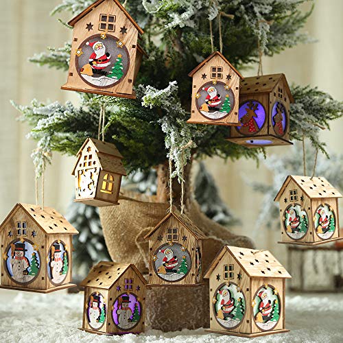 Lilideni Navidad Luminoso Casa de Madera Efecto de Cambio de Color Luz led DIY Chalet de Madera Árbol de Navidad Adornos Colgantes Festival de Papá Noel Decoraciones navideñas