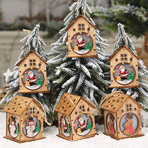 Lilideni Navidad Luminoso Casa de Madera Efecto de Cambio de Color Luz led DIY Chalet de Madera Árbol de Navidad Adornos Colgantes Festival de Papá Noel Decoraciones navideñas