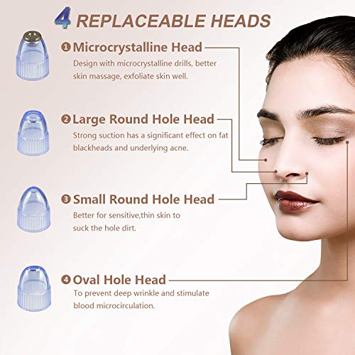 Limpiador Facial Electrico, Limpiador de Poro Extractor Puntos Negros para Comedón, Acné, Aspirador Succionador Blackhead Remover 4 Niveles de Succión Ajustables, 4 Cabezas de Belleza Intercambiables