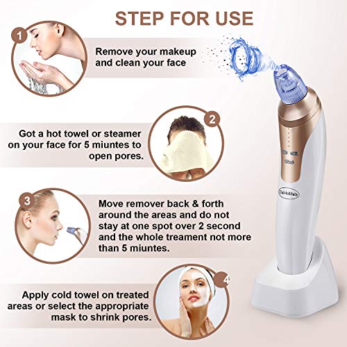 Limpiador Facial Electrico, Limpiador de Poro Extractor Puntos Negros para Comedón, Acné, Aspirador Succionador Blackhead Remover 4 Niveles de Succión Ajustables, 4 Cabezas de Belleza Intercambiables