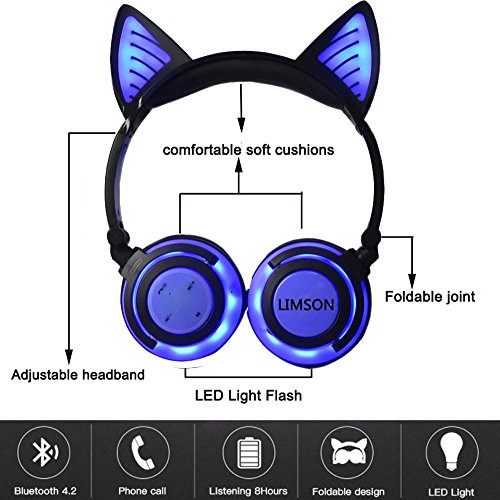 LIMSON Auriculares Inalámbricos Bluetooth Sobre el Oído, Headphones Plegables Recargables del oído del Gato con Micrófono Headset Ergonómicos Brillantes del LED Earphone BTR107 (Azul)