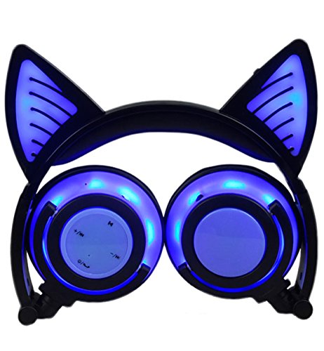 LIMSON Auriculares Inalámbricos Bluetooth Sobre el Oído, Headphones Plegables Recargables del oído del Gato con Micrófono Headset Ergonómicos Brillantes del LED Earphone BTR107 (Azul)