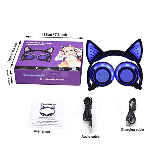 LIMSON Auriculares Inalámbricos Bluetooth Sobre el Oído, Headphones Plegables Recargables del oído del Gato con Micrófono Headset Ergonómicos Brillantes del LED Earphone BTR107 (Azul)