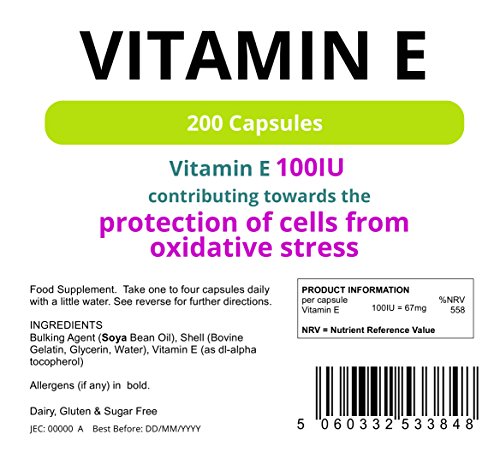 Lindens Vitamina E 100IU Cápsulas Pack 200 Potente Antioxidante que Contribuye hacia el Protección de Cells para Estrés Oxidativo