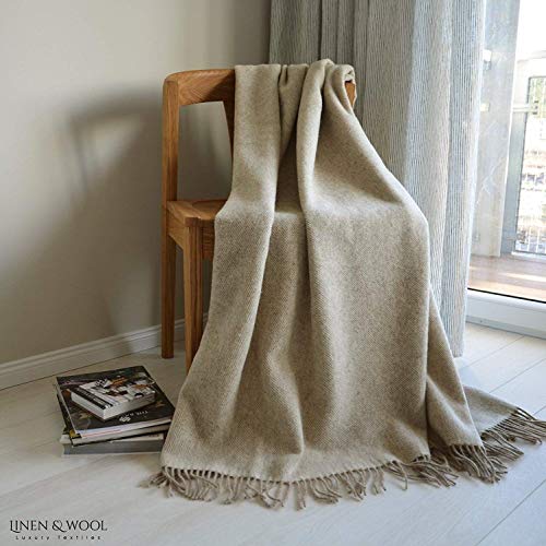Linen & Cotton Manta Plaid para Sofá/Cama Columbus - 100% Lana Nueva Zelanda (140 x 200cm, Beige)