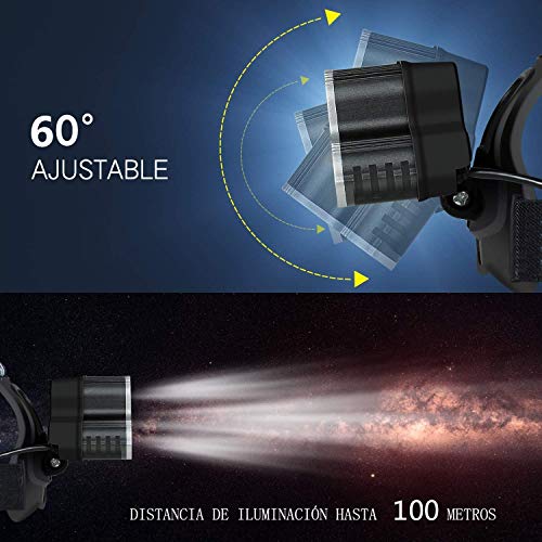 Linterna frontal LED Recargable de Trabajo, 8000 Lúmenes, 4 Modos de Luz con Flash, Zoom in/out, Ligera Elástica, Impermeable para Ciclismo, Correr, Deportes Nocturnos...