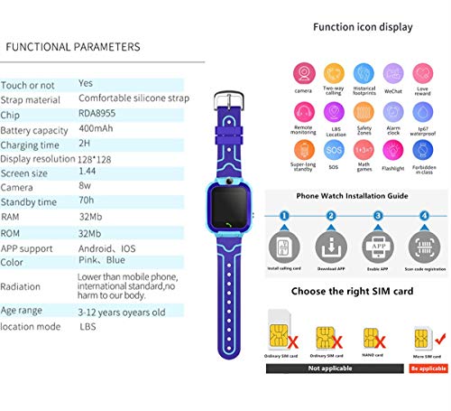 linyingdian Smartwatch Niños, Reloj Inteligente Niña IP67, LBS, Hacer Llamada, Chat de Voz, SOS, Modo de Clase, Cmara, Juegos, Regalo para Niños de 3-12 años, soporta 2G tarjetáas Micro SIM (Rosa)