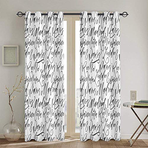 LISUMAL Cortinas de Salon Dormitorio Moderno 116x183cm，Nombres de Ciudades París Madrid Barcelona Roma Londres Tinta Pincel Moderno Caligrafía，Opacas Termicas Aislantes Ventana Fruncido 2 Piezas