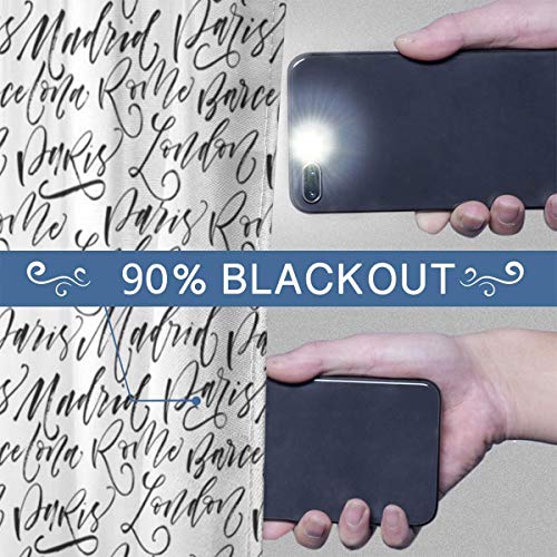 LISUMAL Cortinas de Salon Dormitorio Moderno 116x183cm，Nombres de Ciudades París Madrid Barcelona Roma Londres Tinta Pincel Moderno Caligrafía，Opacas Termicas Aislantes Ventana Fruncido 2 Piezas